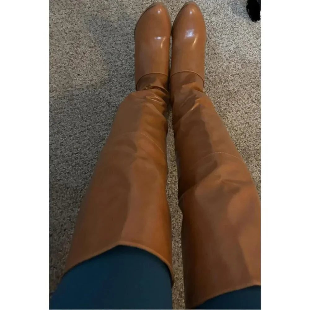 🆕Women Light Brown Thigh High Pointed Toe Chunky Heel Over the Knee Boot
